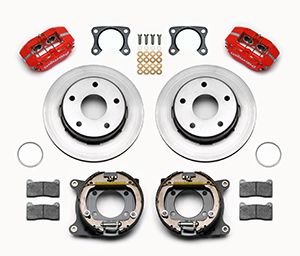 Wilwood Dynapro Lug Mount Rear Parking Brake Kit Parts Laid Out - Red Powder Coat Caliper - Plain Face Rotor