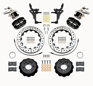 Wilwood Dynapro Radial-MC4 Rear Parking Brake Kit Parts Laid Out - Black Powder Coat Caliper - SRP Drilled & Slotted Rotor