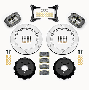 Wilwood Dynapro Radial Front Drag Brake Kit Parts Laid Out - Type III Anodize Caliper - GT Slotted Rotor