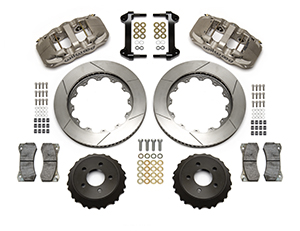 Wilwood AERO6 Big Brake Front Brake Kit (Race) Parts Laid Out - Nickel Plate Caliper - GT Slotted Rotor