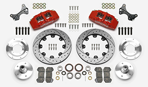 Wilwood Forged Dynapro 6 Big Brake Front Brake Kit (5 x 5 Hub) Parts Laid Out - Red Powder Coat Caliper - SRP Drilled & Slotted Rotor