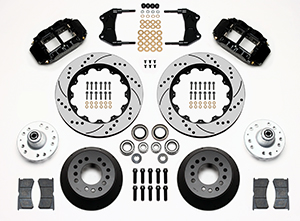 Wilwood Forged Narrow Superlite 6R Dust-Seal Big Brake Front Brake Kit (Hub) Parts Laid Out - Black Powder Coat Caliper - SRP Drilled & Slotted Rotor