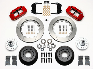 Wilwood Forged Narrow Superlite 6R Dust-Seal Big Brake Front Brake Kit (Hub) Parts Laid Out - Red Powder Coat Caliper - GT Slotted Rotor