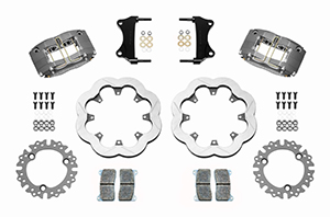 Wilwood Dynapro Radial Front Sprint Brake Kit Parts Laid Out - Type III Anodize Caliper - Slotted Rotor
