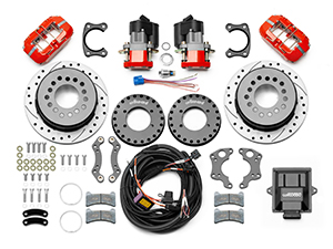Wilwood Forged Dynapro Low-Profile Rear Electronic Parking Brake Kit Parts Laid Out - Red Powder Coat Caliper - SRP Drilled & Slotted Rotor