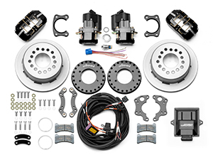 Wilwood Forged Dynapro Low-Profile Rear Electronic Parking Brake Kit Parts Laid Out - Black Powder Coat Caliper - Plain Face Rotor