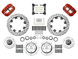 Wilwood Dynapro Radial Big Brake Front Brake Kit (Hub) Parts Laid Out - Red Powder Coat Caliper - SRP Drilled & Slotted Rotor