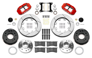 Wilwood Forged Narrow Superlite 6R Big Brake Front Brake Kit (Hub) Parts Laid Out - Red Powder Coat Caliper - GT Slotted Rotor