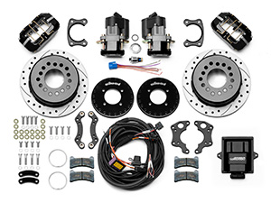 Wilwood Forged Dynapro Low-Profile Rear Electronic Parking Brake Kit Parts Laid Out - Black Powder Coat Caliper - SRP Drilled & Slotted Rotor