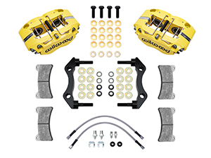 Wilwood Narrow Dynapro-P Radial Rear Caliper and Bracket Kit Parts Laid Out - Yellow Powder Coat Caliper