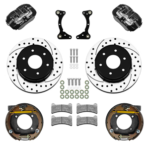 Wilwood Forged Dynapro Low-Profile Rear Parking Brake Kit (6 x 5.50 Rotor) Parts Laid Out - Black Powder Coat Caliper - SRP Drilled & Slotted Rotor