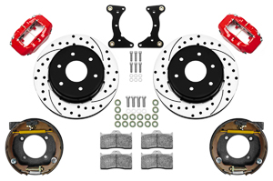 Wilwood Forged Dynalite Rear Parking Brake Kit (6 x 5.50 Rotor) Parts Laid Out - Red Powder Coat Caliper - SRP Drilled & Slotted Rotor