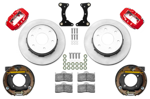 Wilwood Forged Dynalite Rear Parking Brake Kit (6 x 5.50 Rotor) Parts Laid Out - Red Powder Coat Caliper - Plain Face Rotor