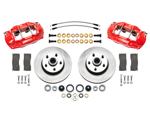 Wilwood Classic Series D11 Caliper Front Brake Kit Parts Laid Out - Red Powder Coat Caliper - Plain Face Rotor
