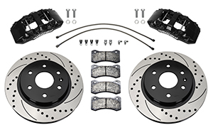 Wilwood AERO6-DM Direct-Mount Truck Front Brake Kit Parts Laid Out - Black Powder Coat Caliper - SRP Drilled & Slotted Rotor