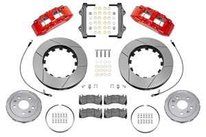 Wilwood SX6R Big Brake Dynamic Front Brake Kit Parts Laid Out - Red Powder Coat Caliper - GT Slotted Rotor
