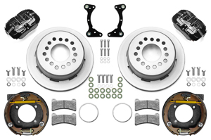 Wilwood Forged Dynapro Low-Profile Rear Parking Brake Kit Parts Laid Out - Black Powder Coat Caliper - Plain Face Rotor