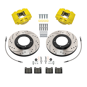 Wilwood D31 Front Brake Kit Parts Laid Out - Yellow Powder Coat Caliper - SRP Drilled & Slotted Rotor