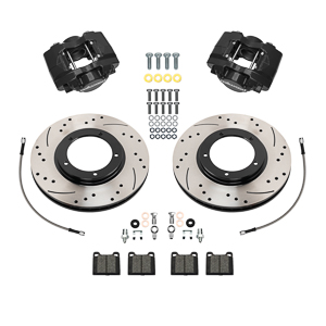 Wilwood D31 Front Brake Kit Parts Laid Out - Black Powder Coat Caliper - SRP Drilled & Slotted Rotor