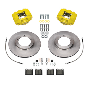 Wilwood D31 Front Brake Kit Parts Laid Out - Yellow Powder Coat Caliper - Plain Face Rotor