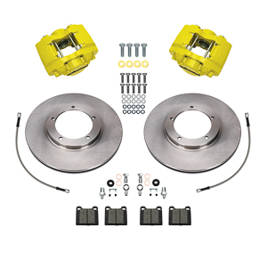 Wilwood D45 Front Brake Kit Parts Laid Out - Yellow Powder Coat Caliper - Plain Face Rotor