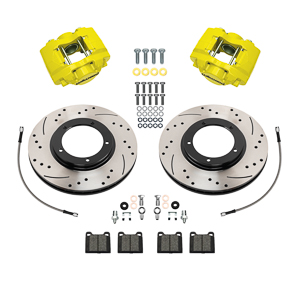 Wilwood D45 Front Brake Kit Parts Laid Out - Yellow Powder Coat Caliper - SRP Drilled & Slotted Rotor