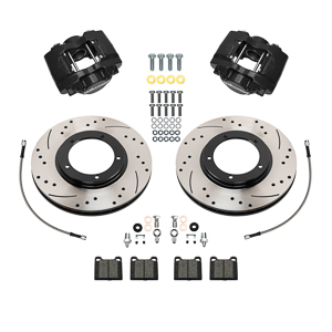 Wilwood D45 Front Brake Kit Parts Laid Out - Black Powder Coat Caliper - SRP Drilled & Slotted Rotor