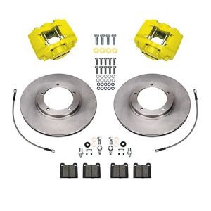 Wilwood D45 Front Brake Kit Parts Laid Out - Yellow Powder Coat Caliper - Plain Face Rotor