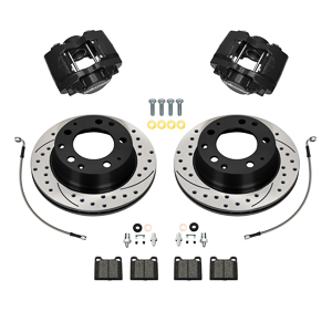 Wilwood D31 Rear Brake Kit Parts Laid Out - Black Powder Coat Caliper - SRP Drilled & Slotted Rotor