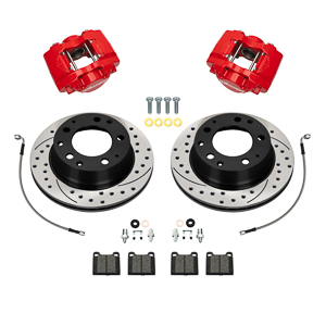 Wilwood D31 Rear Brake Kit Parts Laid Out - Red Powder Coat Caliper - SRP Drilled & Slotted Rotor