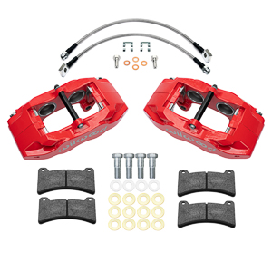 Wilwood DPC56 Rear Replacement Caliper Kit Parts Laid Out - Red Powder Coat Caliper