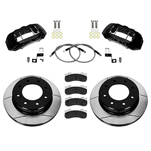 Wilwood TX6-DM Big Brake Truck Front Brake Kit Parts Laid Out - Black Powder Coat Caliper - GT Slotted Rotor