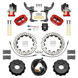 Wilwood Dynapro Radial-EPB Rear Parking Brake Kit Parts Laid Out - Red Powder Coat Caliper - SRP Drilled & Slotted Rotor