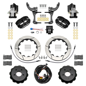 Wilwood Dynapro Radial-EPB Rear Parking Brake Kit Parts Laid Out - Black Powder Coat Caliper - GT Slotted Rotor