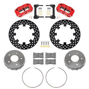 Wilwood NDPR Rear UTV Brake Kit Parts Laid Out - Red Powder Coat Caliper - Drilled Rotor