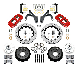 Wilwood AERO6 Big Brake Front Brake Kit Parts Laid Out - Red Powder Coat Caliper - SRP Drilled & Slotted Rotor