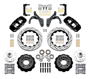 Wilwood AERO6 Big Brake Front Brake Kit Parts Laid Out - Black Powder Coat Caliper - SRP Drilled & Slotted Rotor