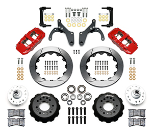 Wilwood AERO6 Big Brake Front Brake Kit Parts Laid Out - Red Powder Coat Caliper - GT Slotted Rotor