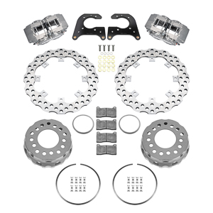 Wilwood XRD SA Scalloped Lug Drive Dynamic Rear Drag Brake Kit Parts Laid Out - Type III Anodize Caliper - Drilled Rotor