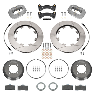 Wilwood Forged Dynalite Big Brake Front Brake Kit (Race) Parts Laid Out - Type III Anodize Caliper - GT Slotted Rotor