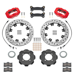 Wilwood Forged Dynalite Big Brake Front Brake Kit (Hat) Parts Laid Out - Red Powder Coat Caliper - SRP Drilled & Slotted Rotor