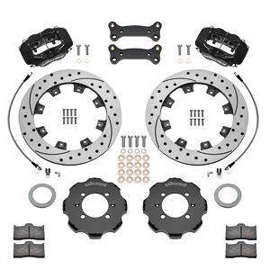 Wilwood Forged Dynalite Big Brake Front Brake Kit (Hat) Parts Laid Out - Black Powder Coat Caliper - SRP Drilled & Slotted Rotor