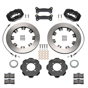 Wilwood Forged Dynalite Big Brake Front Brake Kit (Hat) Parts Laid Out - Black Powder Coat Caliper - Plain Face Rotor