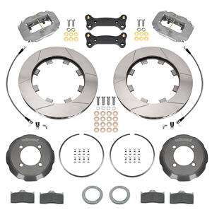 Wilwood Forged Dynalite Big Brake Front Brake Kit (Race) Parts Laid Out - Type III Anodize Caliper - GT Slotted Rotor