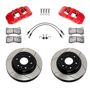 Wilwood AERO4-DM Direct-Mount Truck Rear Brake Kit Parts Laid Out - Red Powder Coat Caliper - GT Slotted Rotor