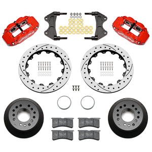 Wilwood Forged Narrow Superlite 6R Big Brake Front Brake Kit (Hat) Parts Laid Out - Red Powder Coat Caliper - SRP Drilled & Slotted Rotor