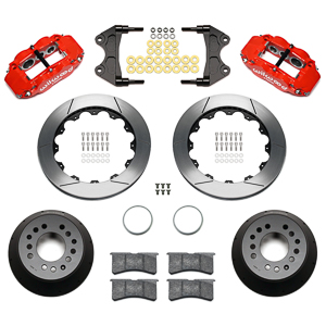 Wilwood Forged Narrow Superlite 6R Big Brake Front Brake Kit (Hat) Parts Laid Out - Red Powder Coat Caliper - GT Slotted Rotor