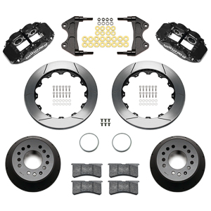 Wilwood Forged Narrow Superlite 6R Big Brake Front Brake Kit (Hat) Parts Laid Out - Black Powder Coat Caliper - GT Slotted Rotor