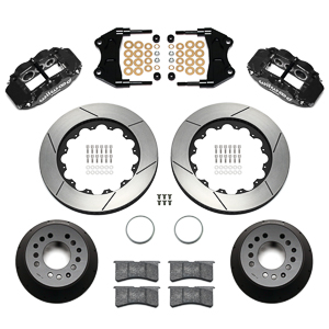 Wilwood Forged Narrow Superlite 6R Big Brake Front Brake Kit (Hat) Parts Laid Out - Black Powder Coat Caliper - GT Slotted Rotor