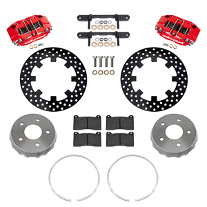 Wilwood NDPR Front UTV Brake Kit Parts Laid Out - Red Powder Coat Caliper - Drilled Rotor